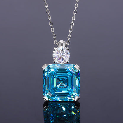Urqanyu S925 silver Asscher aquamarine princess square cubic zirconia pendant necklace
