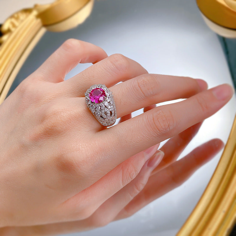 Urqanyu S925 silver fashion pink steel round diamond ring cubic zirconia ring 8.0mm