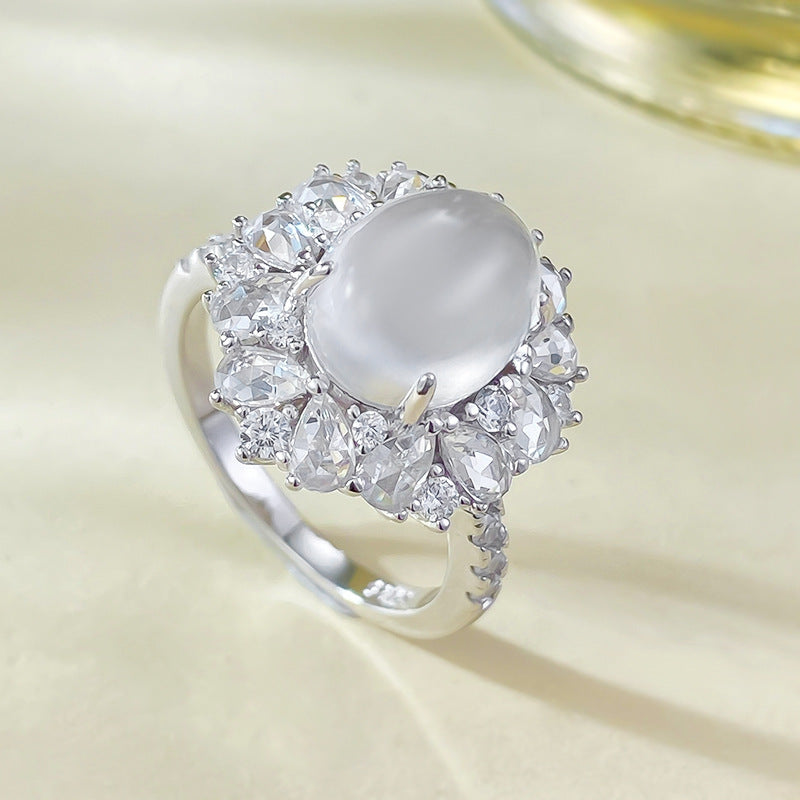 Urqanyu S925 silver French hollow water bubble jade cubic zirconia ring 8*10