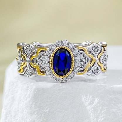 Urqanyu S925 silver Bujia French romantic simulated royal sapphire cubic zirconia ring 4*6