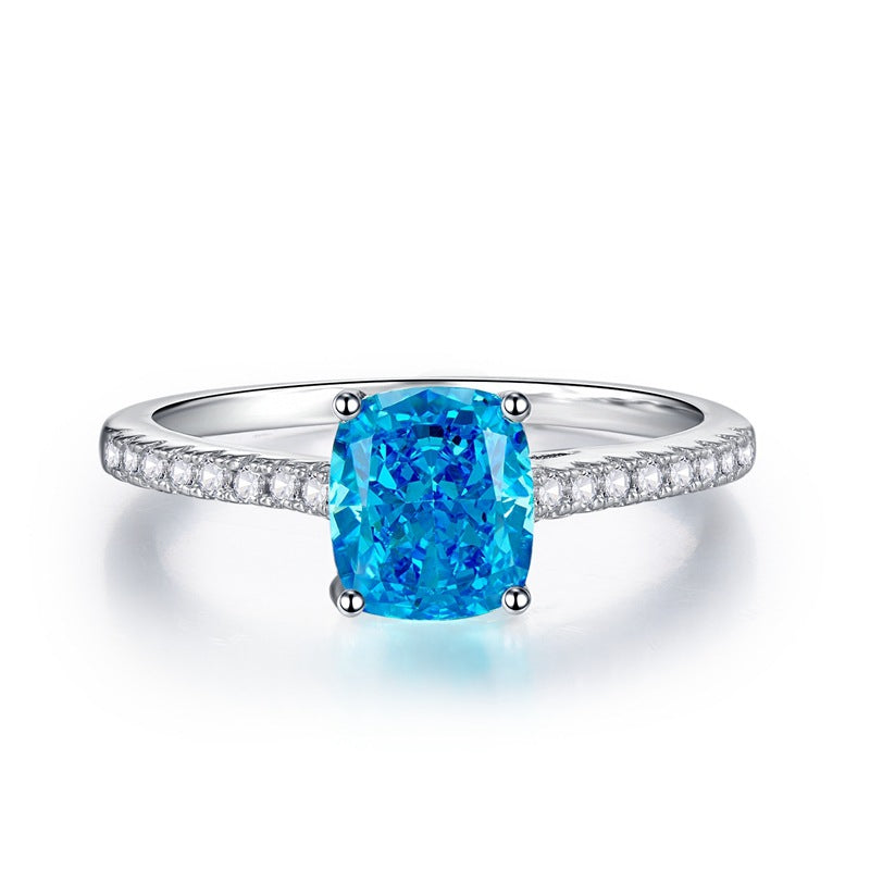 Urqanyu S925 silver emerald green diamond blue ring temperament whitening cubic zirconia ring