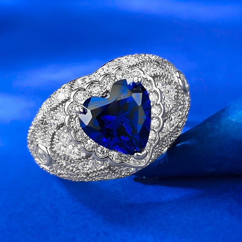 Urqanyu S925 sterling silver heart-shaped simulated sapphire cubic zirconia ring 8*8