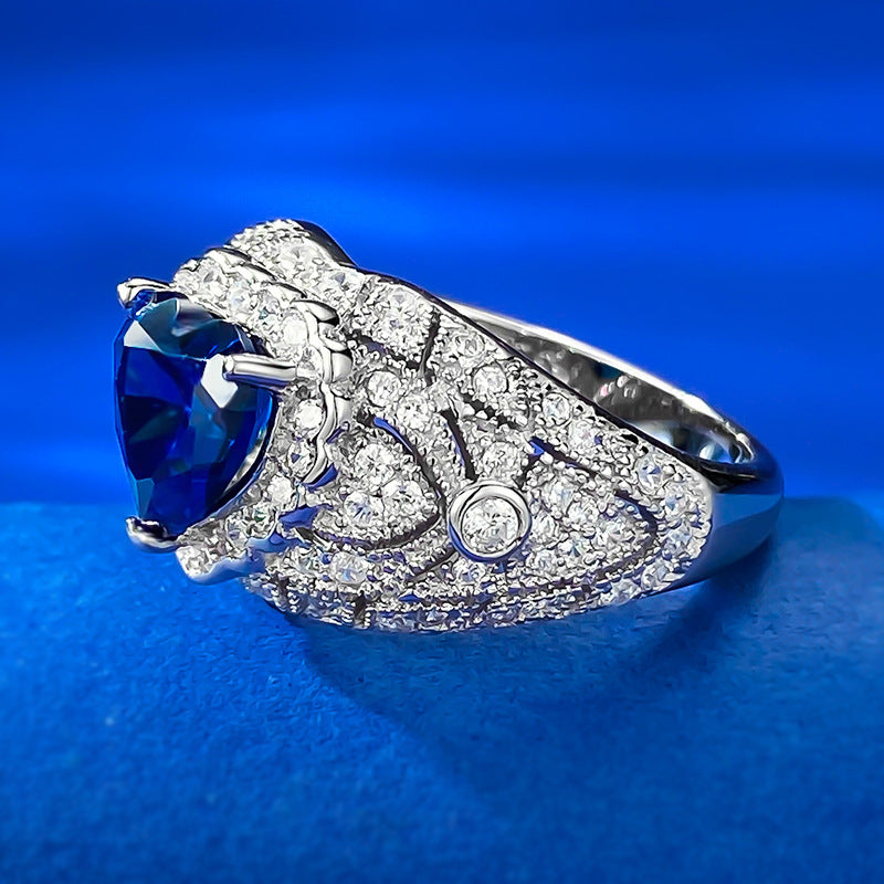 Urqanyu S925 sterling silver heart-shaped simulated sapphire cubic zirconia ring 8*8