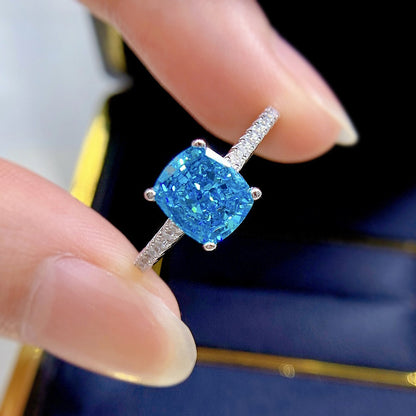 Urqanyu S925 silver emerald green diamond blue ring temperament whitening cubic zirconia ring