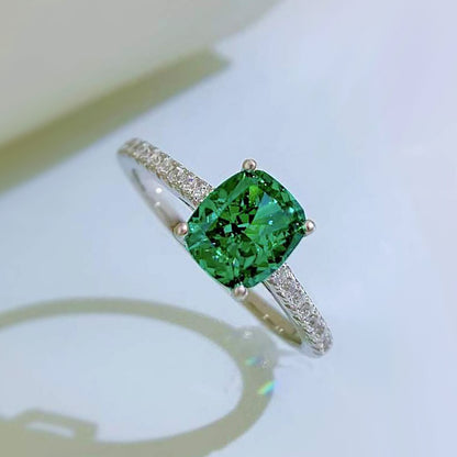 Urqanyu S925 silver emerald green diamond blue ring temperament whitening cubic zirconia ring