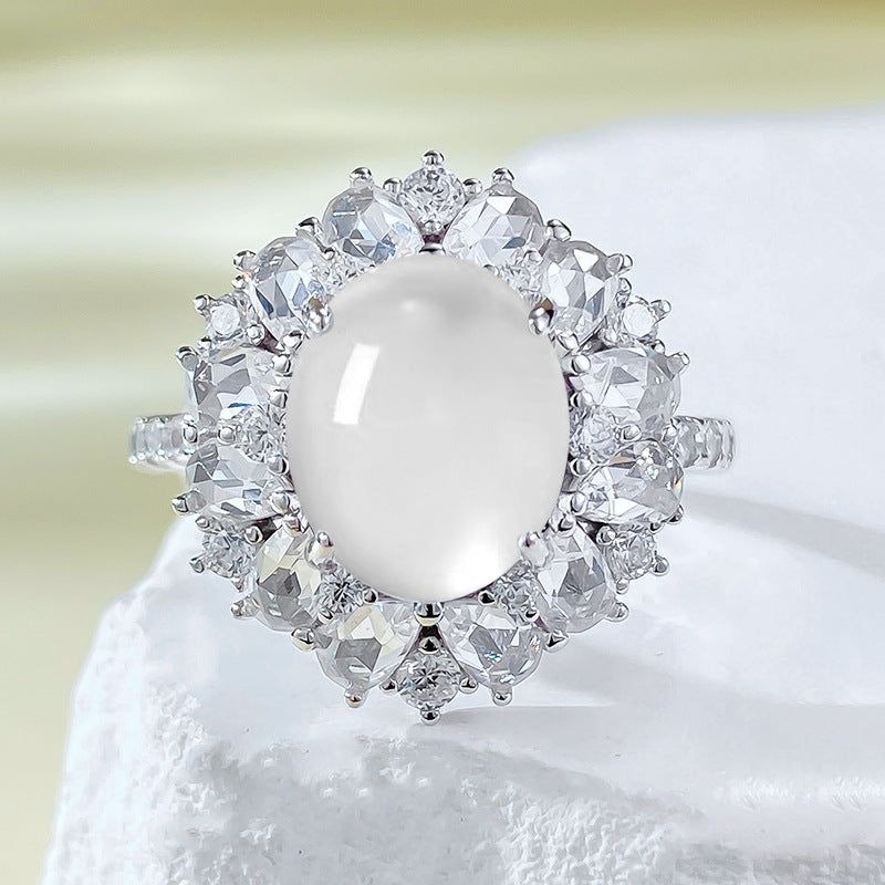 Urqanyu S925 silver French hollow water bubble jade cubic zirconia ring 8*10