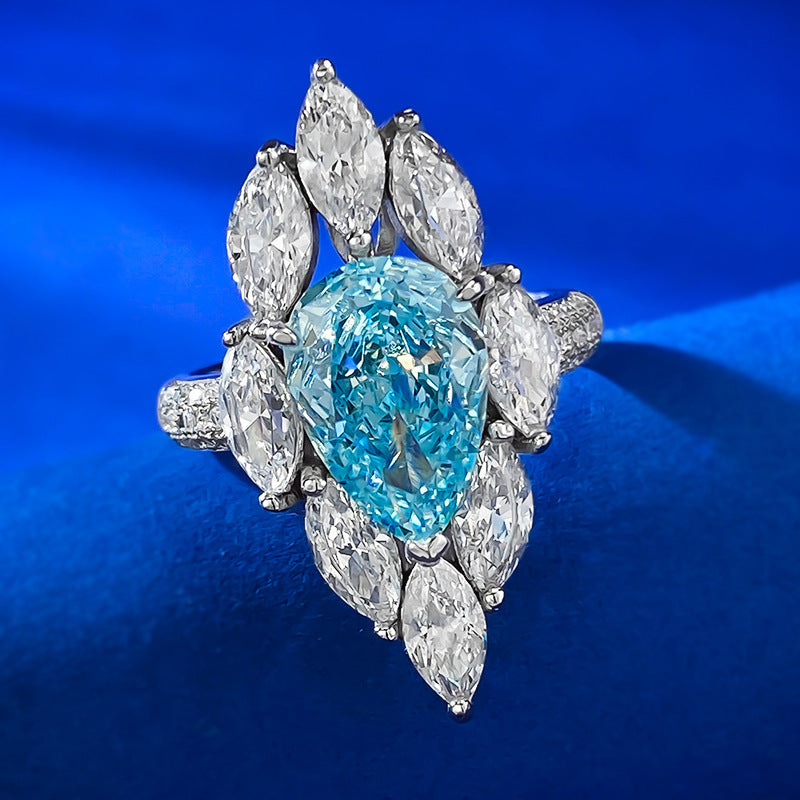 Urqanyu 925 silver 4 carat pear-shaped water drop aquamarine cubic zirconia ring 8*12