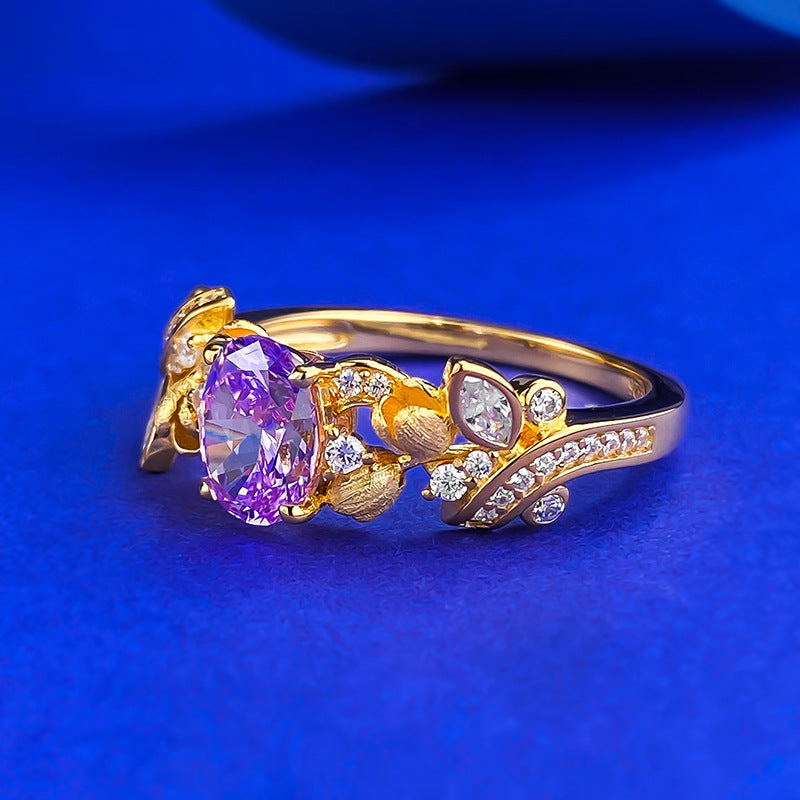 Urqanyu S925 silver purple fantasy purple brushed three-dimensional flower bud cubic zirconia ring