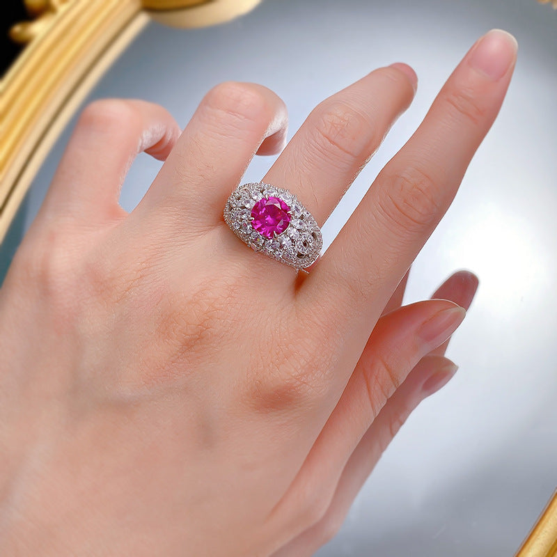 Urqanyu S925 silver fashion pink steel round diamond ring cubic zirconia ring 8.0mm