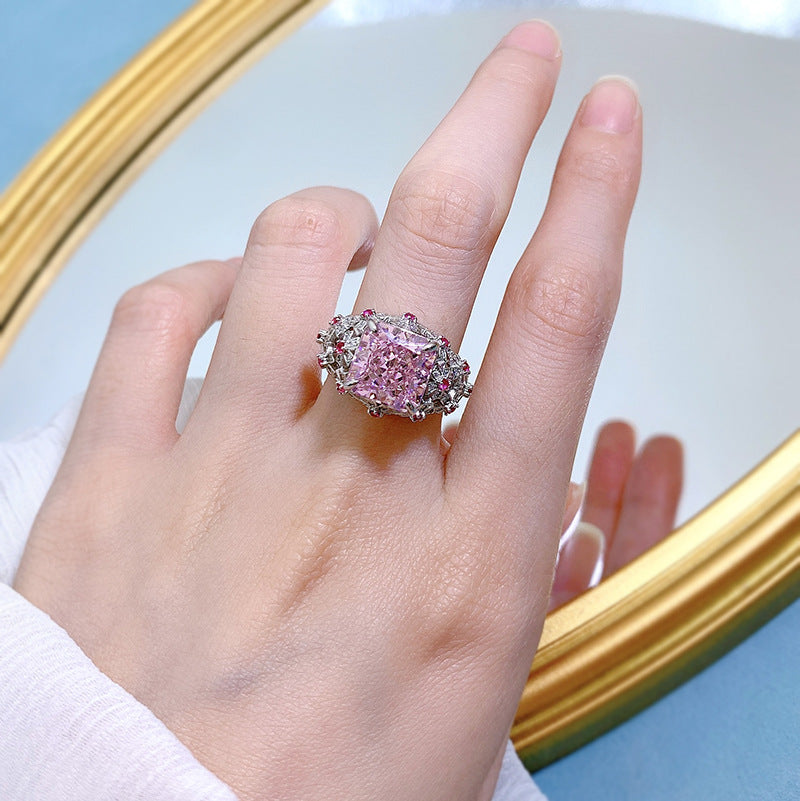 Urqanyu S925 silver oval pink cubic zirconia diamond ring 10*10