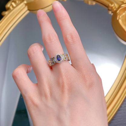Urqanyu S925 silver Bujia French romantic simulated royal sapphire cubic zirconia ring 4*6