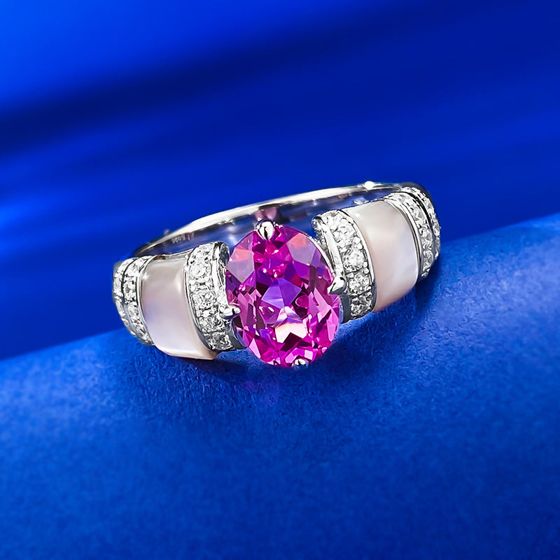 Urqanyu 925 silver natural pink shell rupee red cubic zirconia diamond ring silver
