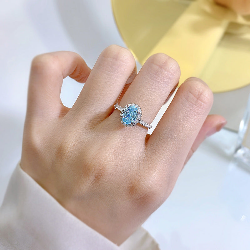 Urqanyu S925 silver one carat oval sea blue cubic zirconia radiant ring 6*8
