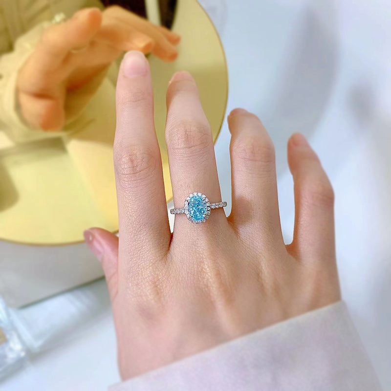Urqanyu S925 silver one carat oval sea blue cubic zirconia radiant ring 6*8