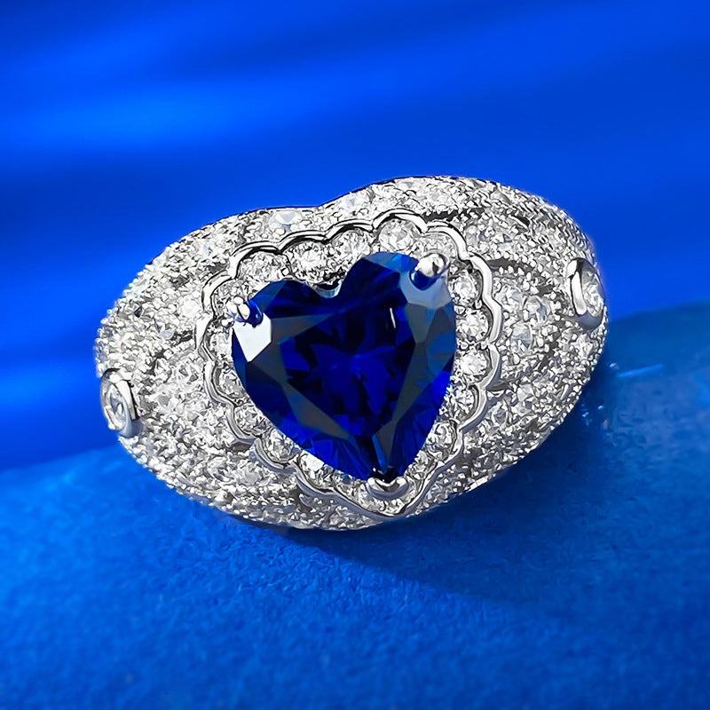 Urqanyu S925 sterling silver heart-shaped simulated sapphire cubic zirconia ring 8*8
