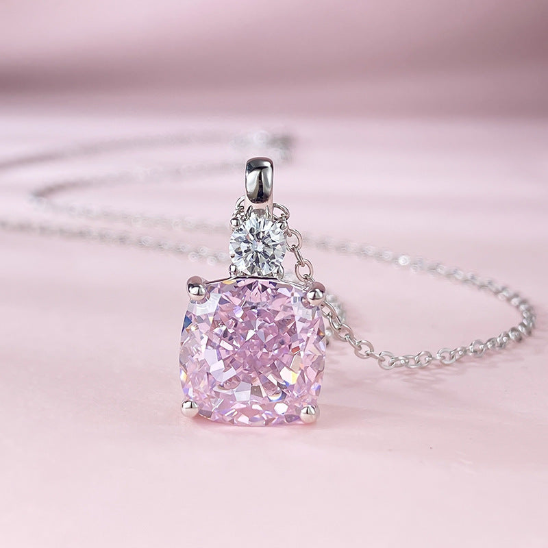 Urqanyu S925 silver 10mm pink diamond radiant cut niche design cubic zirconia necklace