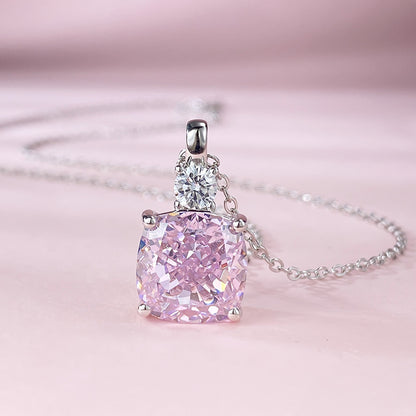 Urqanyu S925 silver 10mm pink diamond radiant cut niche design cubic zirconia necklace