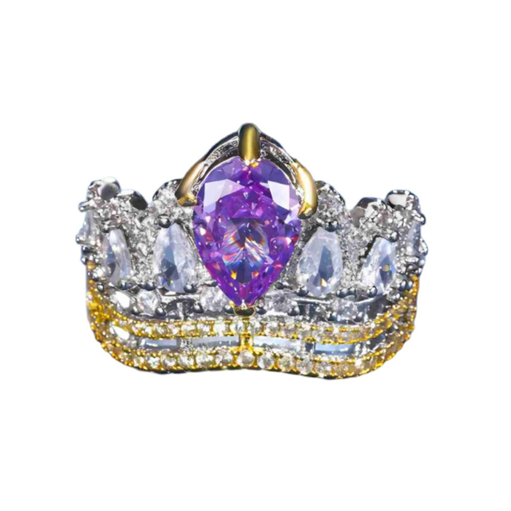 Urqanyu copper-based gold-plated ice flower cut crown copper-inlaid elegant cubic zirconia ring