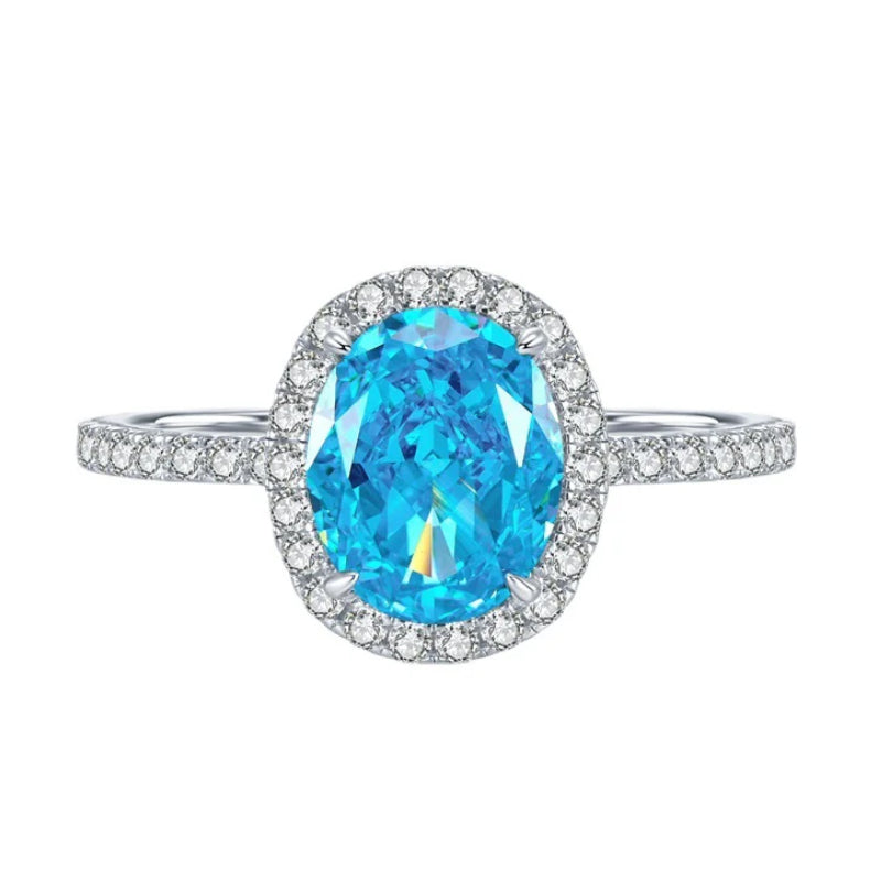 Urqanyu S925 silver one carat oval sea blue cubic zirconia radiant ring 6*8