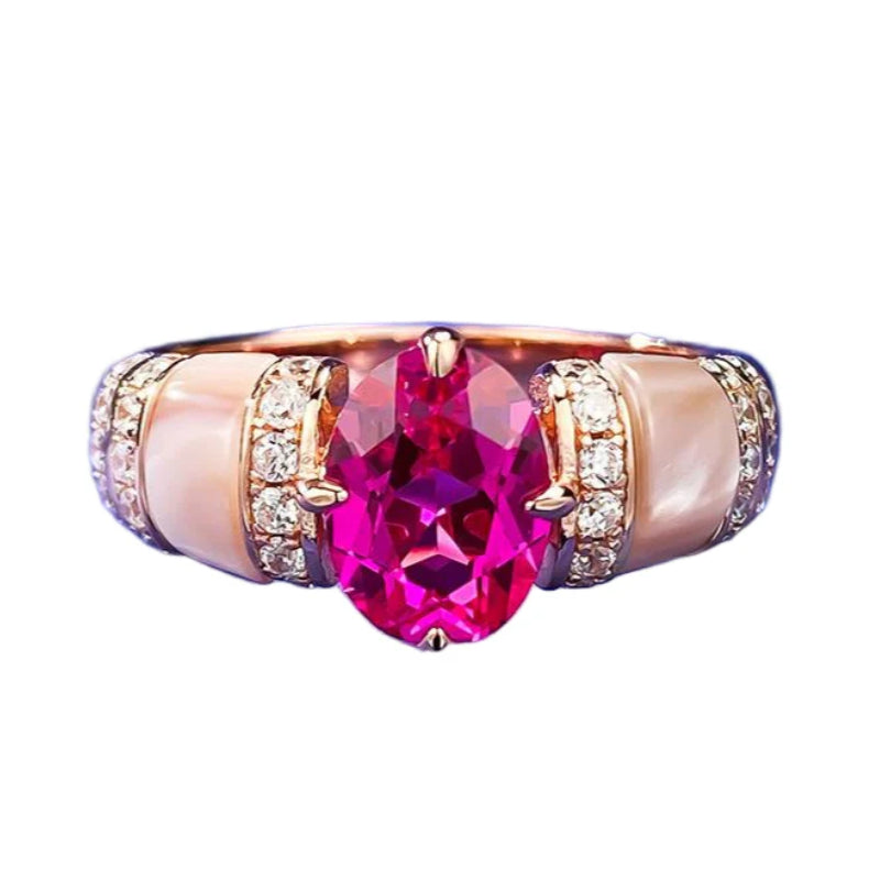 Urqanyu 925 silver natural pink shell rupee red cubic zirconia diamond ring gold