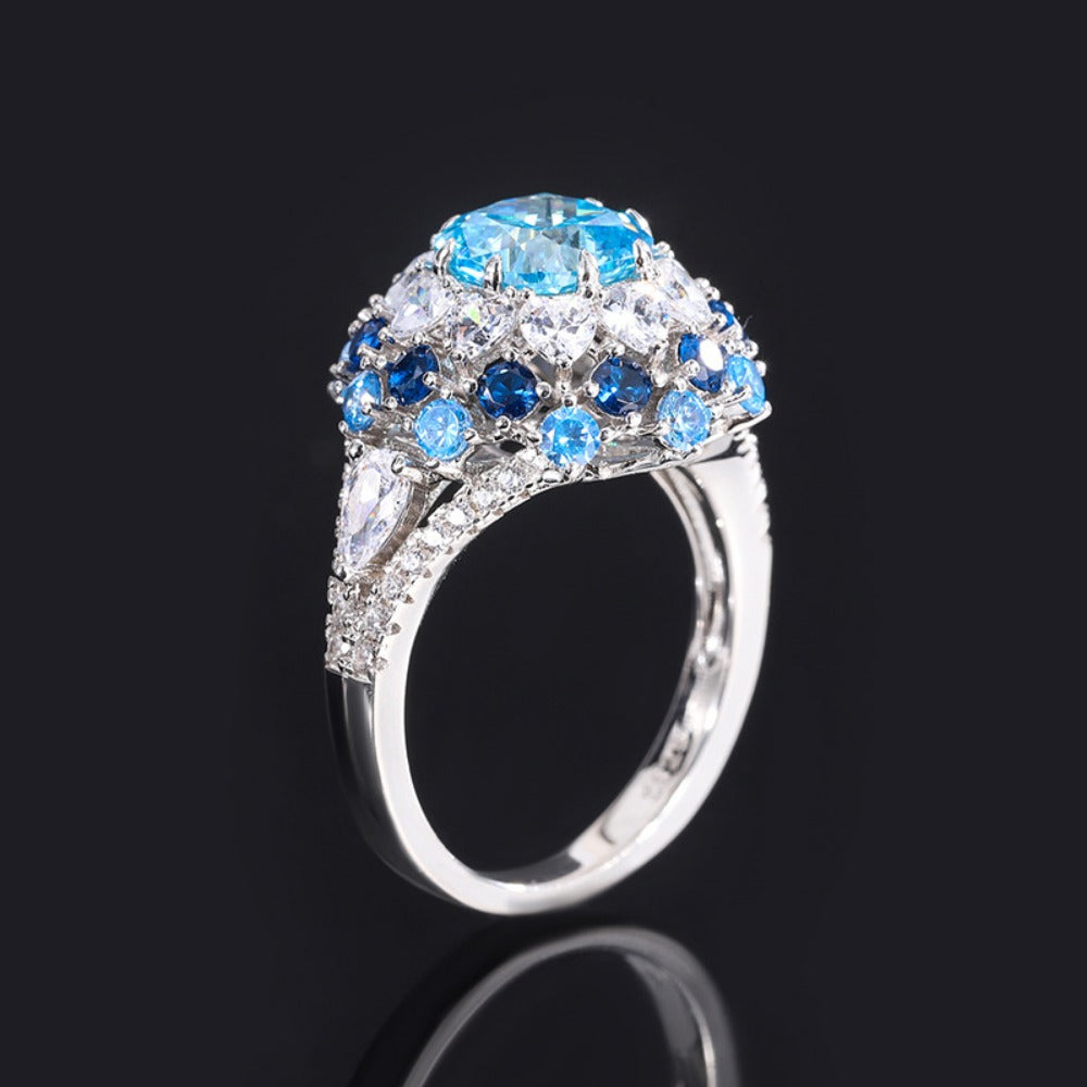 Urqanyu S925 silver simulated aquamarine stamen luxury cubic zirconia ring