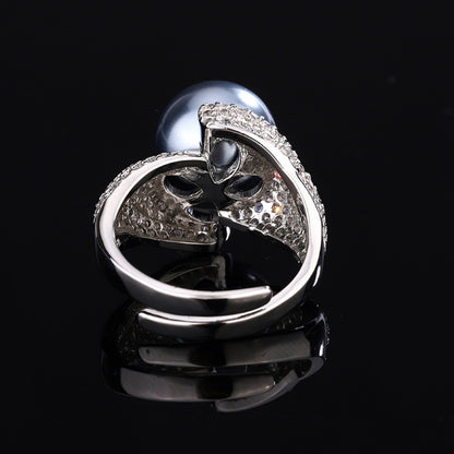 Urqanyu Copper plated white gold inlaid pearls elegant simple cubic zirconia ring 14mm