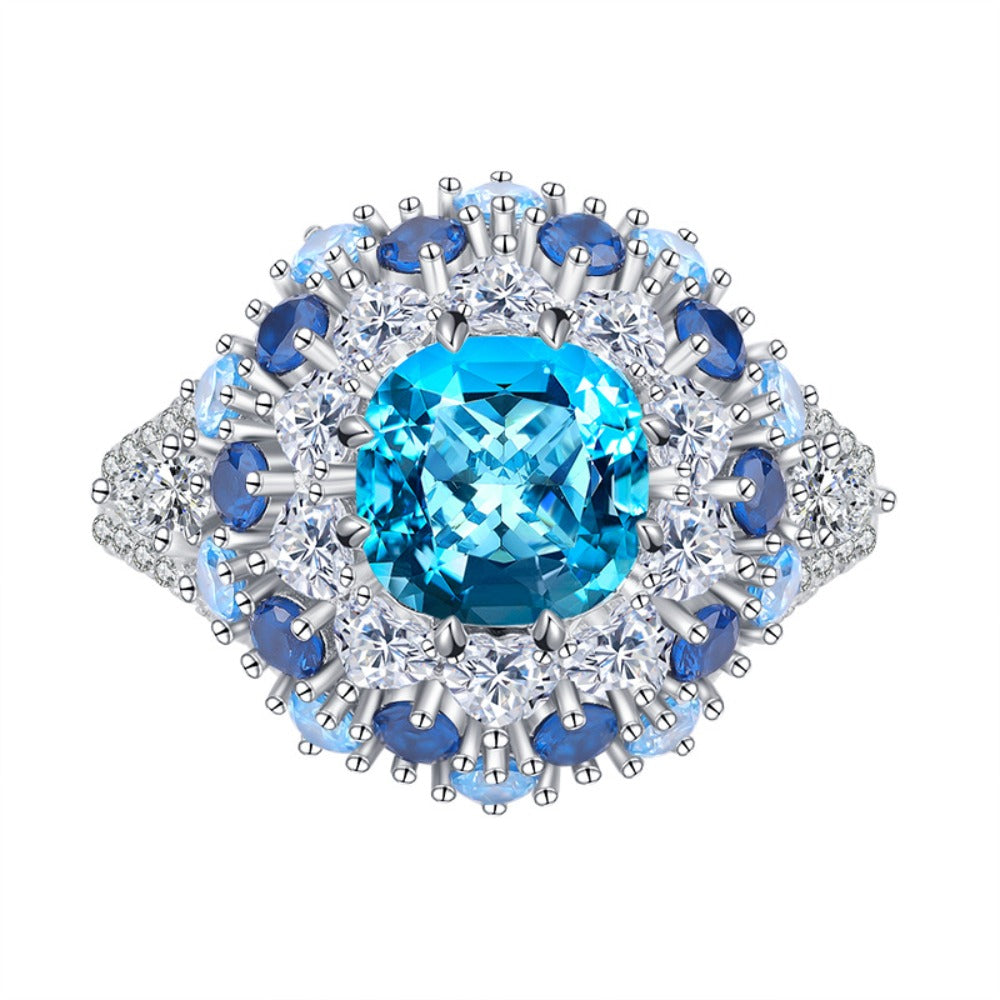 Urqanyu S925 silver simulated aquamarine stamen luxury cubic zirconia ring