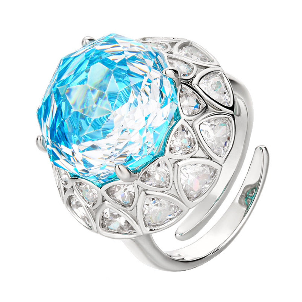 Urqanyu copper base gold-plated rose cut sea blue vintage cubic zirconia ring