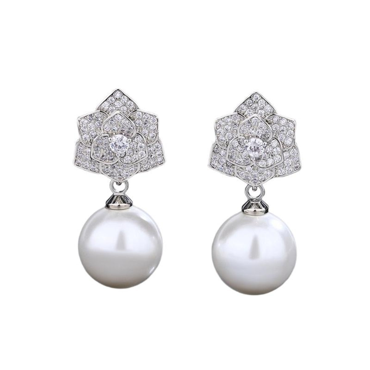 Urqanyu copper-based gold-plated inlaid pearl camellia cubic zirconia earrings