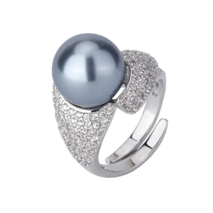 Urqanyu Copper plated white gold inlaid pearls elegant simple cubic zirconia ring 14mm