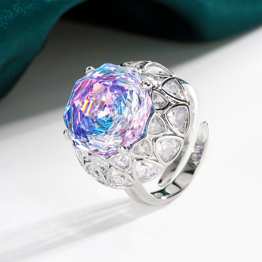 Urqanyu copper base gold-plated rose cut sea blue vintage cubic zirconia ring