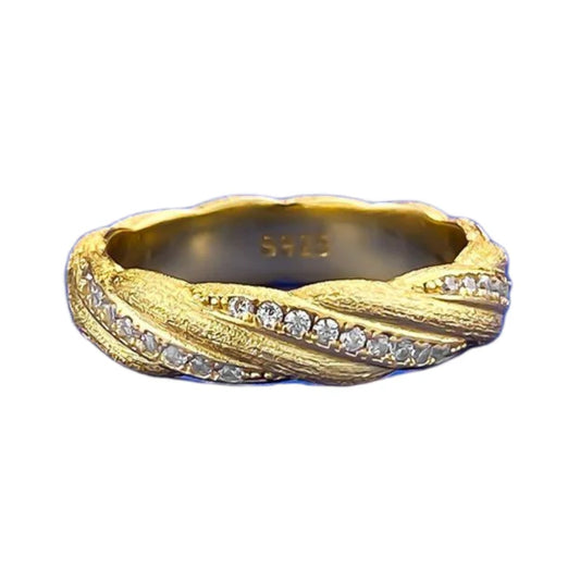 Urqanyu S925 silver Italian brushed gold winding ring layered woven pattern temperament cubic zirconia ring
