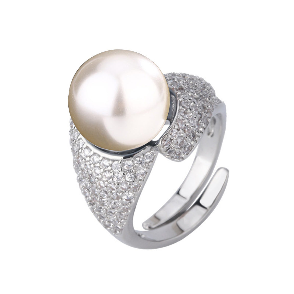 Urqanyu Copper plated white gold inlaid pearls elegant simple cubic zirconia ring 14mm
