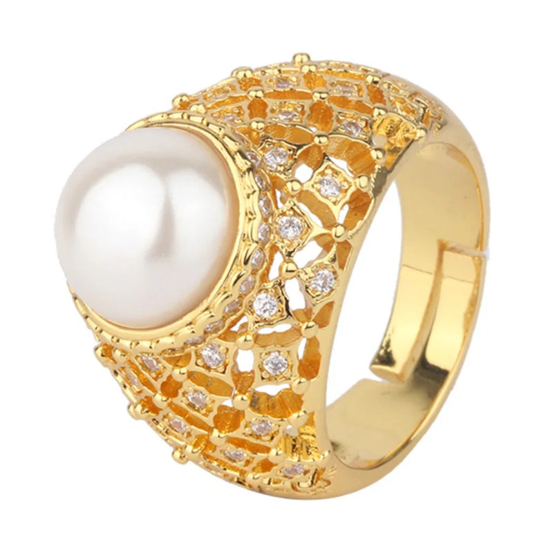 Urqanyu copper-plated gold-plated shell beads light gold white pearls retro hollow cubic zirconia ring 10mm
