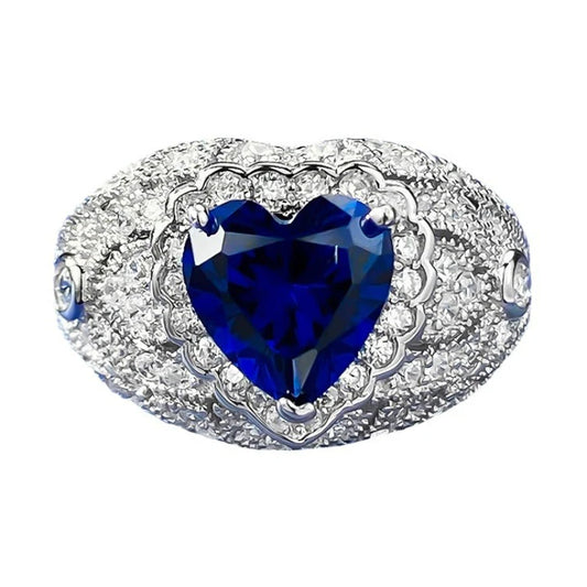 Urqanyu S925 sterling silver heart-shaped simulated sapphire cubic zirconia ring 8*8