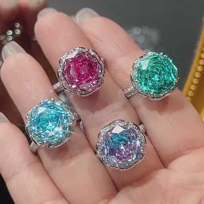 Urqanyu Copper Gold-plated Simulated Rose Cut Sea Blue Bud Textured Cubic Zirconia Ring 12mm