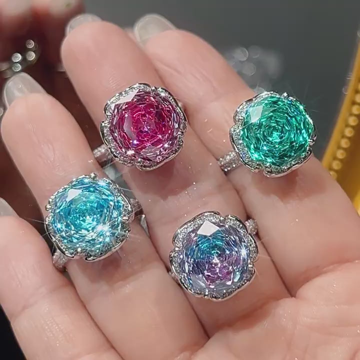 Load video: Urqanyu Copper Gold-plated Simulated Rose Cut Sea Blue Bud Textured Cubic Zirconia Ring 12mm
