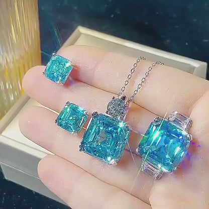 Urqanyu S925 silver Asscher aquamarine princess square cubic zirconia pendant necklace