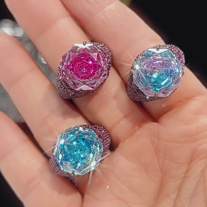 Load video: Urqanyu copper-based gold-plated simulated rose-cut gradient black gold personalized cubic zirconia ring