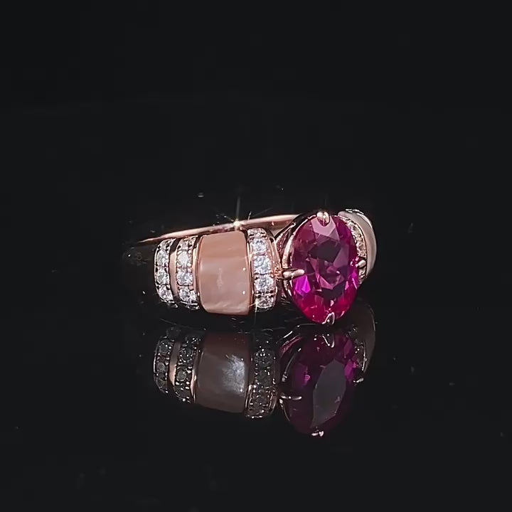 Load video: Urqanyu 925 silver natural pink shell rupee red cubic zirconia diamond ring gold