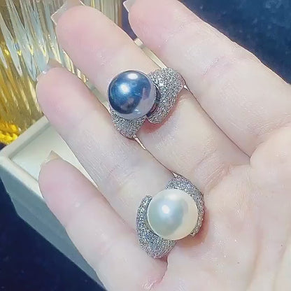 Urqanyu Copper plated white gold inlaid pearls elegant simple cubic zirconia ring 14mm