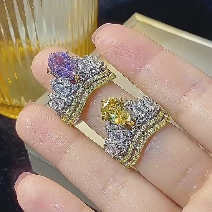 ビデオをロード: Urqanyu copper-based gold-plated ice flower cut crown copper-inlaid elegant cubic zirconia ring